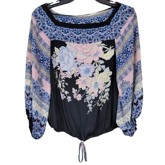 Free People Blue Nile Top Size X-Small Black and Blue Print 3/4 Sleeve Waist Tie - Picture 1 of 5